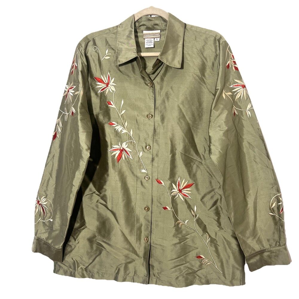 Cold Water Creek‎ Blouse Womens L Raw Silk Sage Green Embroidered Mature Artsy